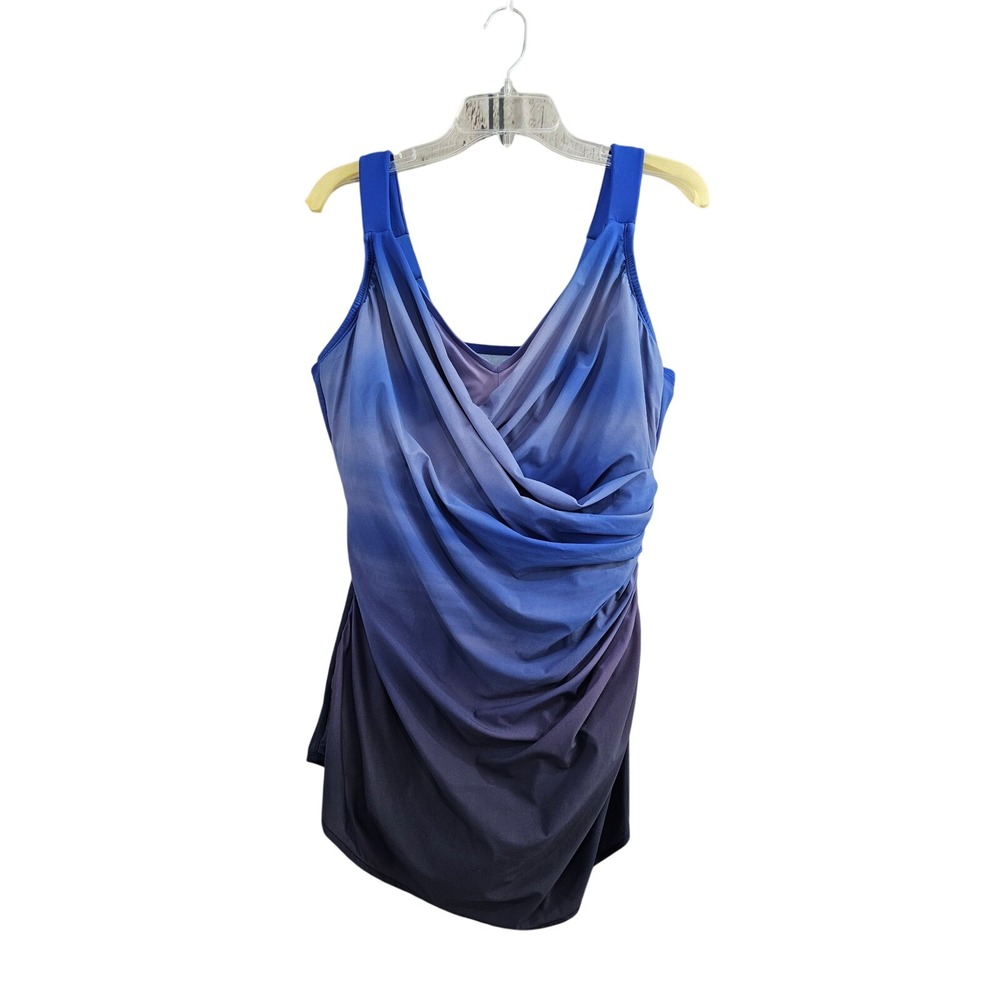 Lands End One Piece Swimsuit Women 18W DDD Blue Ombre Surplice Draped Ruched EUC